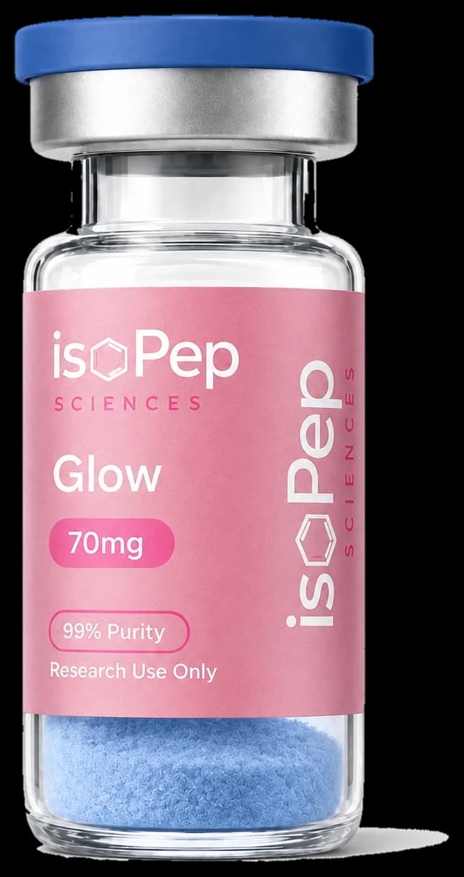 isoPep Sciences GLOW Blend 70mg sealed research vial of lyophilised powder