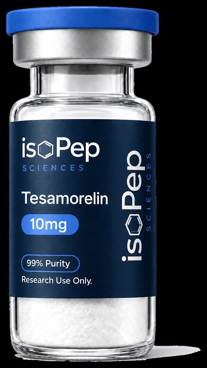 isoPep Sciences Tesamorelin 10mg sealed research vial of lyophilised powder